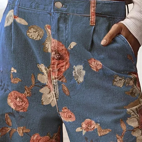 loveimgs Women Mid Rise Cropped Wide Leg Jeans Baggy Floral Ankle Pants Denim - Picture 3 of 3
